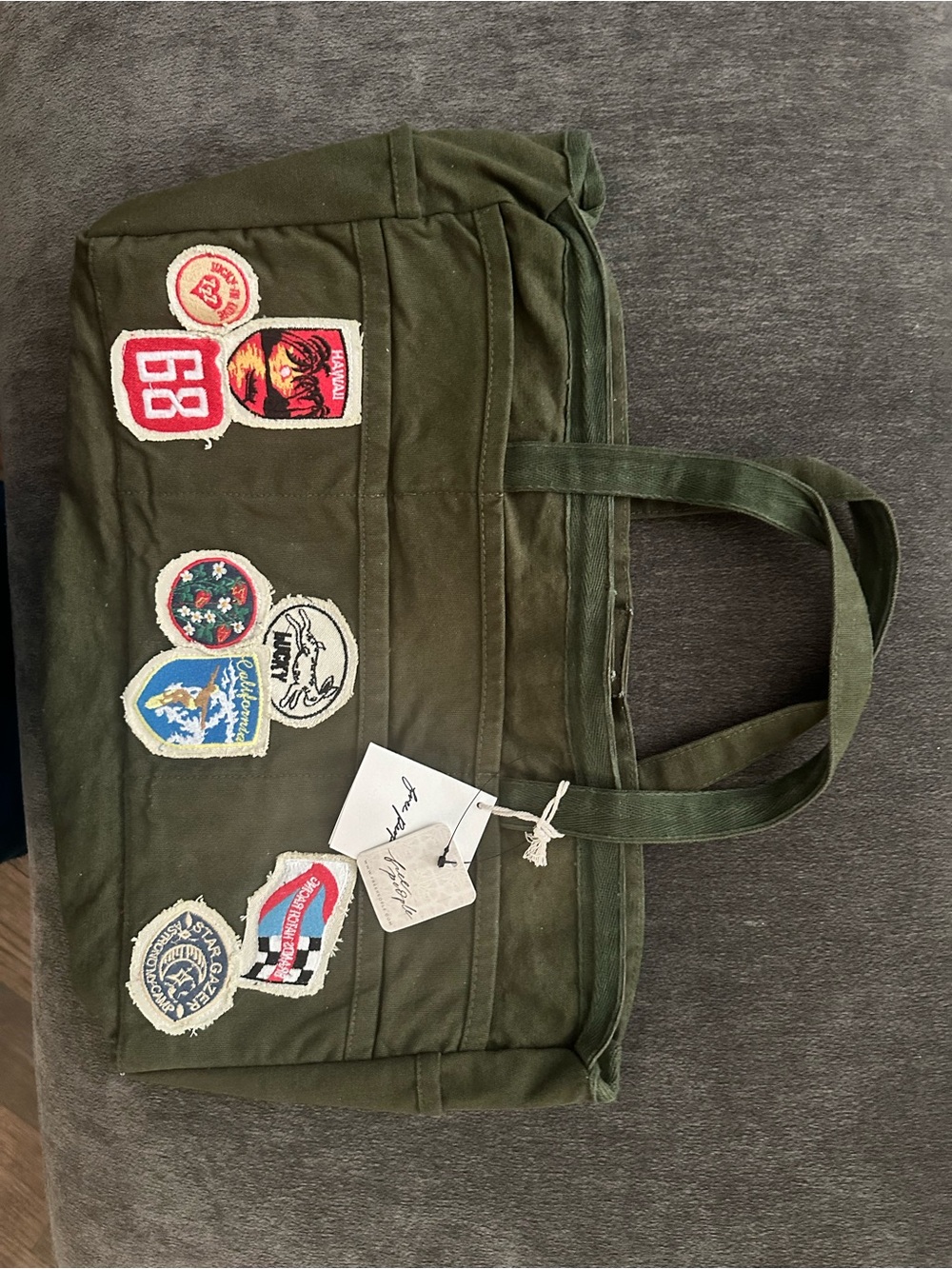 Olive Green Canvas Patch Weekend Tote - free people kiss my patchwork tote - Picture 2 of 3